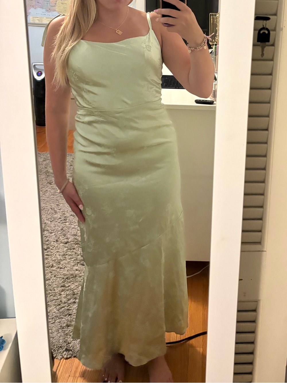 Amazon Pale Green Satin Slip Dress with Tie Straps, Corset Back, Built in Bra